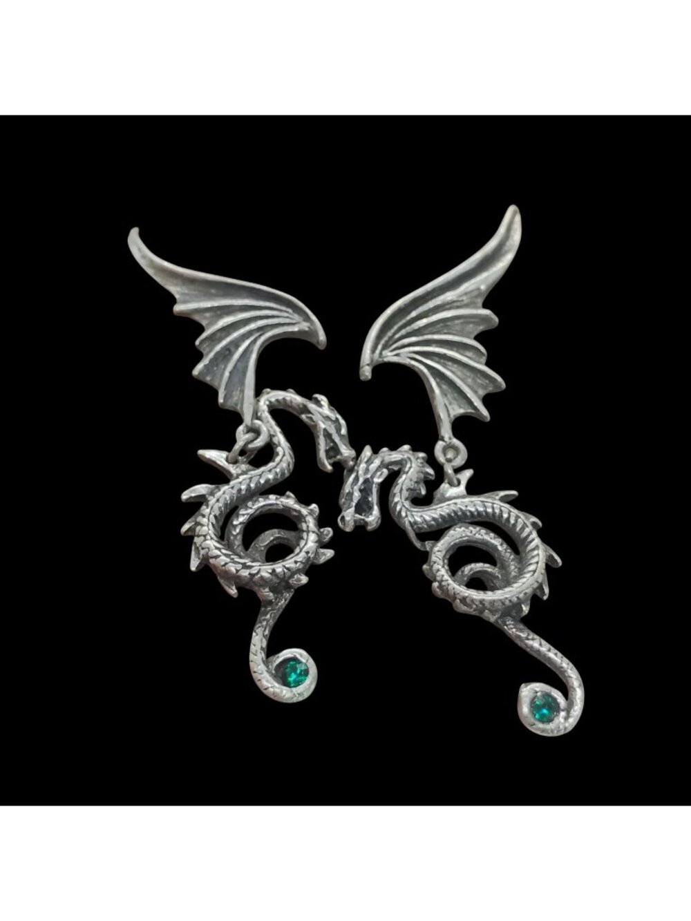 Alchemy Gothic England Pewter Dragon Earrings Dangle w/Green Stone